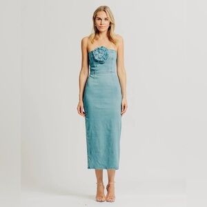 NWT Torn by Ronny Kobo‎ Renee Strapless Denim Midi Dress in Medium Blue Small